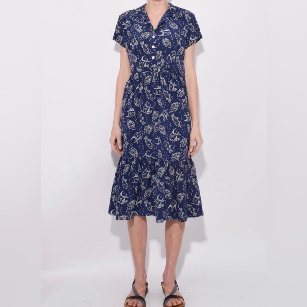 Rare HVN Charlotte Midi dress with fish print in navy size 2